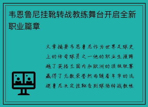 韦恩鲁尼挂靴转战教练舞台开启全新职业篇章